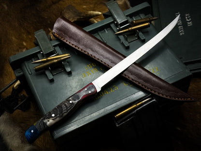 Handmade J2 Steel Kitchen Chef Fillet Knife Ram Horn Handle, Cow Leather Sheath