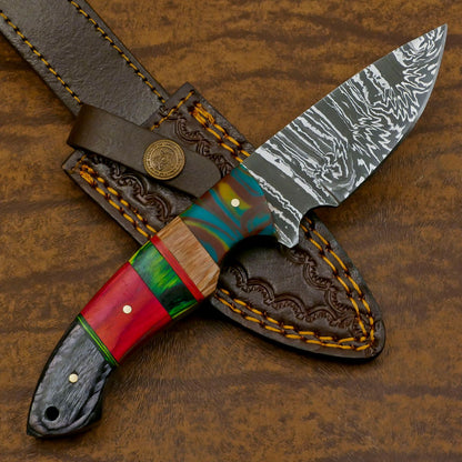 Hand Forged Resin Wood Damascus Skinner Knife – Custom EDC Hunting Fixed Blade