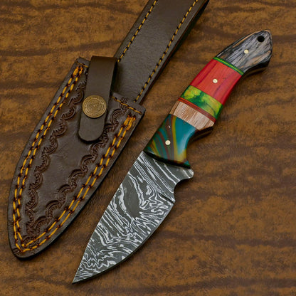 Hand Forged Resin Wood Damascus Skinner Knife – Custom EDC Hunting Fixed Blade