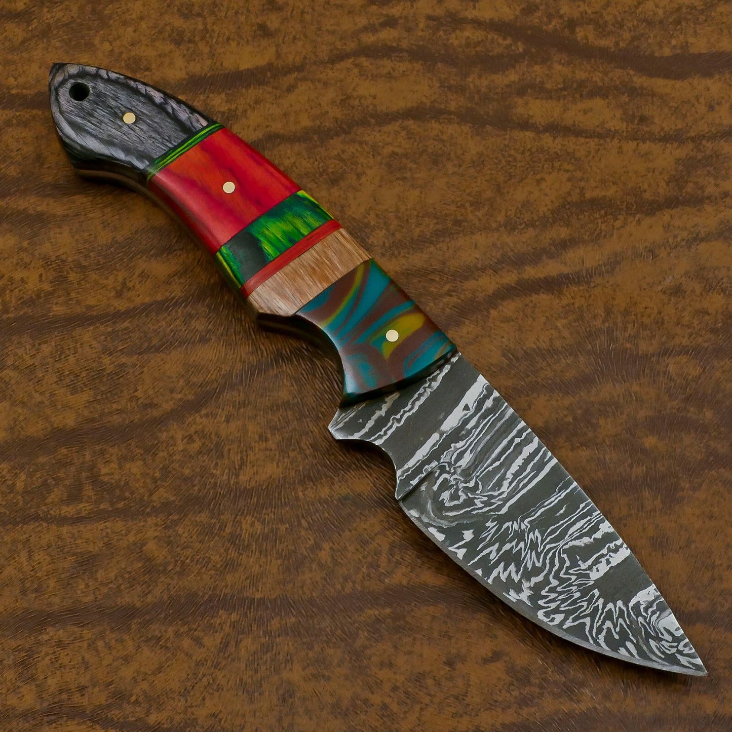 Hand Forged Resin Wood Damascus Skinner Knife – Custom EDC Hunting Fixed Blade