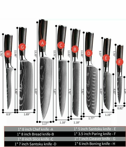 Japanese Damascus Style Stainless Steel 8-Piece Kitchen Chef Knife Set | Ultra Sharp