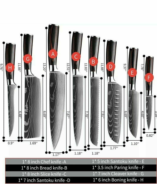 Japanese Damascus Style Stainless Steel 8-Piece Kitchen Chef Knife Set | Ultra Sharp