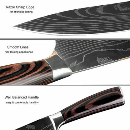 Japanese Damascus Style Stainless Steel 8-Piece Kitchen Chef Knife Set | Ultra Sharp