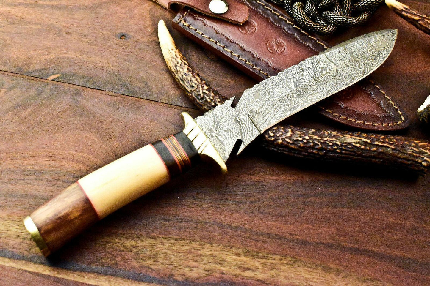 12.5" Damascus Bowie Knife | Camel Bone Handle & Leather Sheath