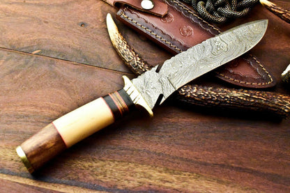 12.5" Damascus Bowie Knife | Camel Bone Handle & Leather Sheath