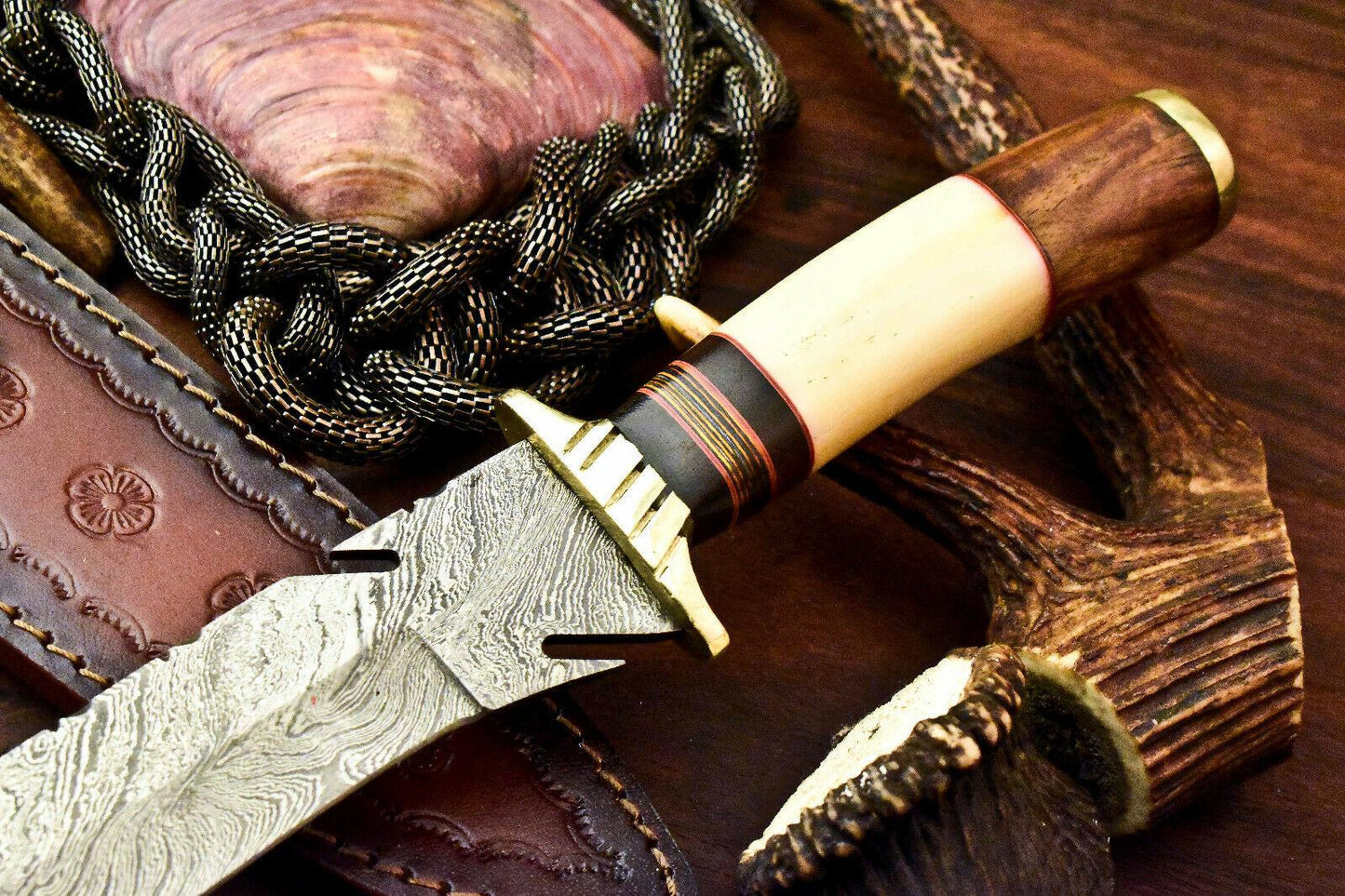 12.5" Damascus Bowie Knife | Camel Bone Handle & Leather Sheath