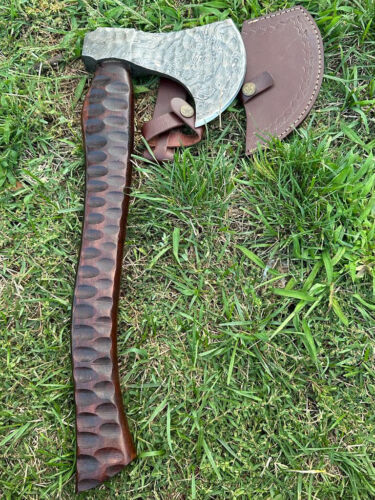 Custom Hand-Forged Damascus Steel Camping Hatchet Tomahawk Axe | 20-Inch Viking Axe with Engraved Natural Wood Handle & Leather Sheath