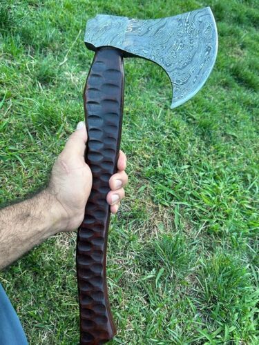 Custom Hand-Forged Damascus Steel Camping Hatchet Tomahawk Axe | 20-Inch Viking Axe with Engraved Natural Wood Handle & Leather Sheath