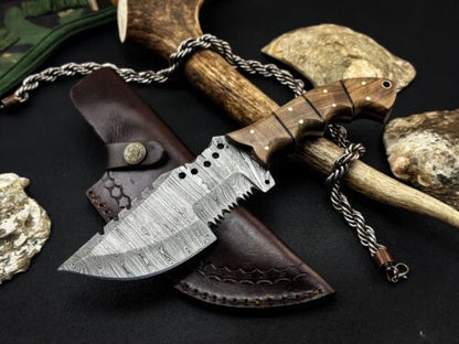 10" Handmade Damascus Steel Tracker Knife – Full Tang Olive Wood Handle Hunting, Survival & Tactical Knife with Sheath