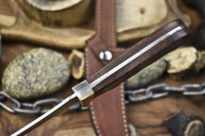 11" Skinner Knife AUS-8 Steel Walnut Wood Handle Brass Guard with Leather Sheath