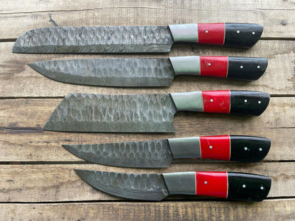 5-Piece Handmade Damascus Steel Kitchen Chef Knife Set with Wood Handles