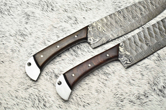 Lot of 2 Handmade Damascus Steel Blade Chef Set Knife, Full Tang, 100% Handmade