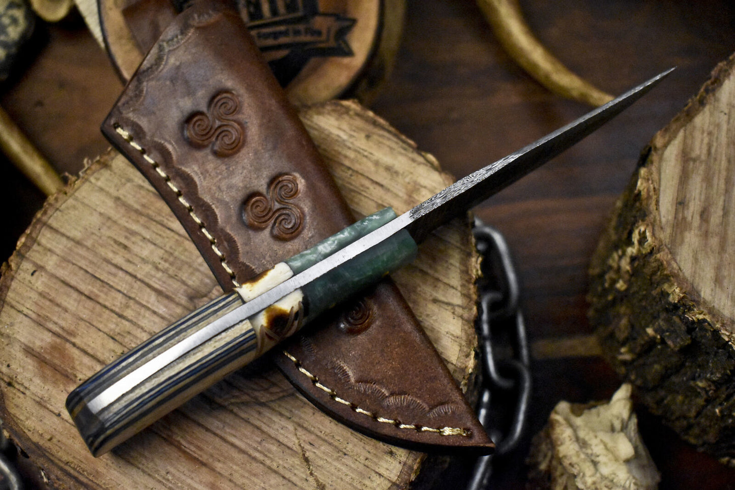 8.0" Custom Skinner Knife Twist Damascus Bone and Wood Handle with Sheath