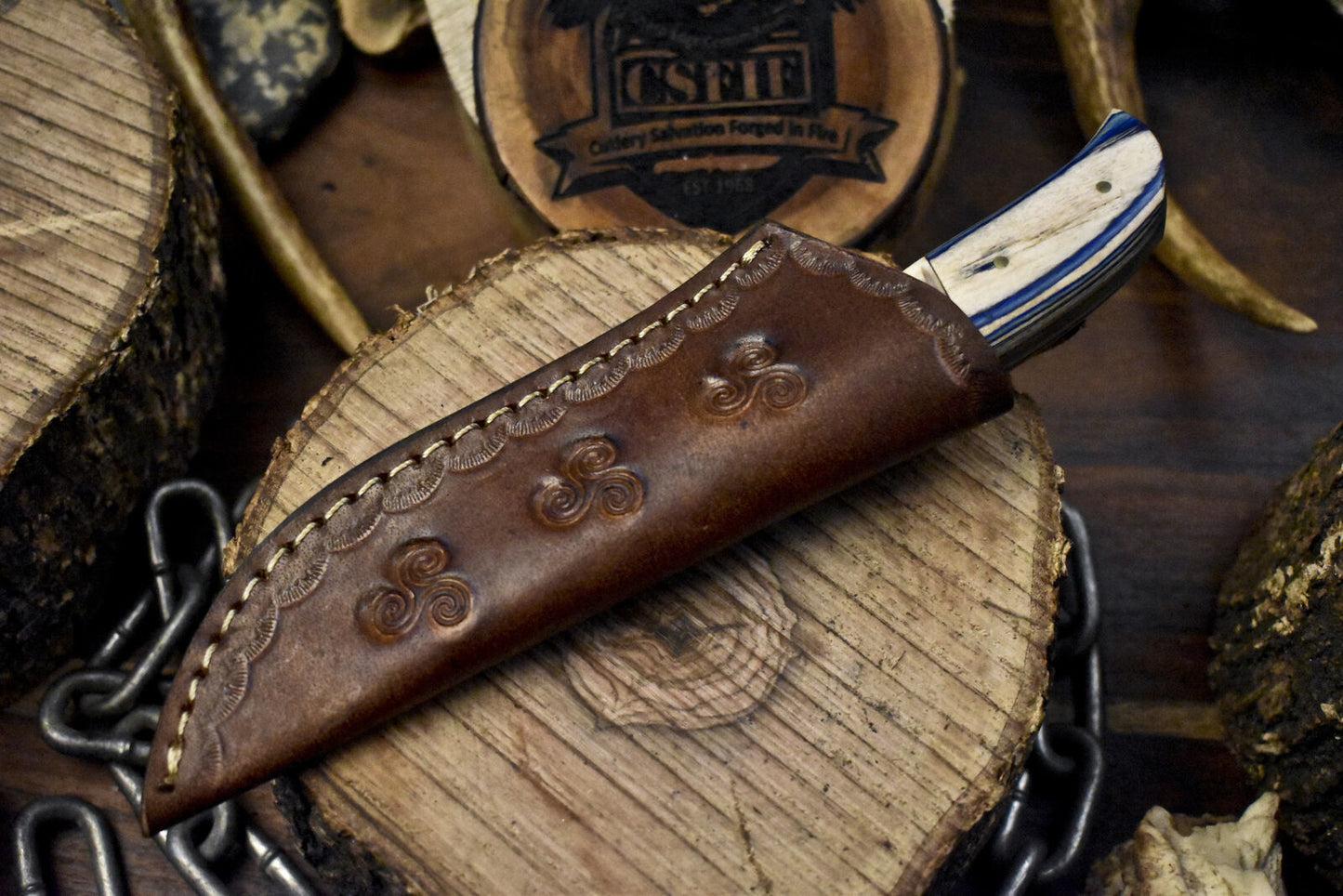 8.0" Custom Skinner Knife Twist Damascus Bone and Wood Handle with Sheath