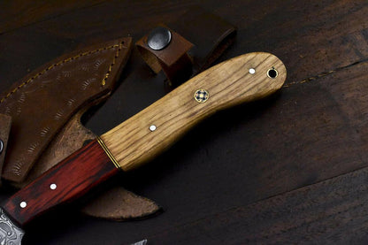 Hand Forged Damascus Steel Olive Wood Clever Chopper Axe Knife with Leather Sheath