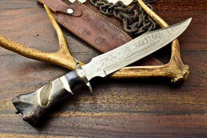 15.5" Damascus Steel Bowie Knife – Engraved Camel Bone Handle with Leather Sheath