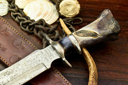 15.5" Damascus Steel Bowie Knife – Engraved Camel Bone Handle with Leather Sheath