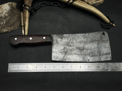 Handmade Damascus Steel Chef Cleaver – Full Tang EDC Kitchen Knife with Wood Handle & Sheath