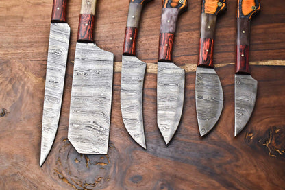 Custom Lot of 6 Handmade Hammered Damascus Steel Blade Chef Knife Set