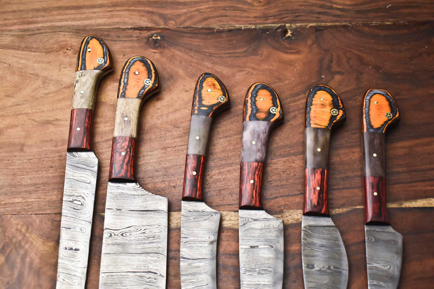 Custom Lot of 6 Handmade Hammered Damascus Steel Blade Chef Knife Set