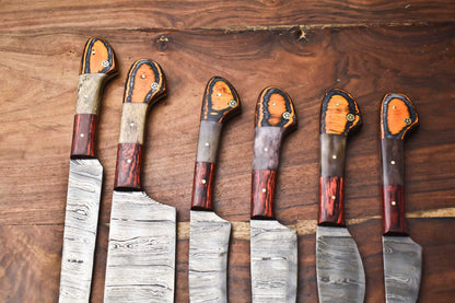 Custom Lot of 6 Handmade Hammered Damascus Steel Blade Chef Knife Set