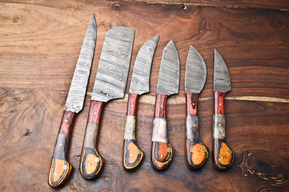 Custom Lot of 6 Handmade Hammered Damascus Steel Blade Chef Knife Set