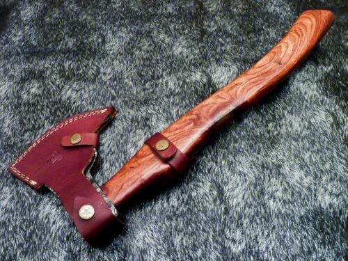 Custom Hand Forged Damascus Steel Axe Hatchet Tomahawk with Natural Wood Handle and Leather Sheath