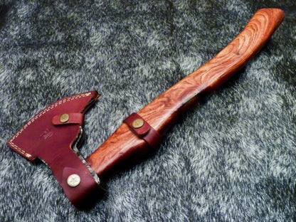 Custom Hand Forged Damascus Steel Axe Hatchet Tomahawk with Natural Wood Handle and Leather Sheath