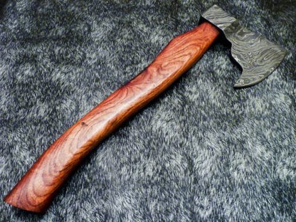 Custom Hand Forged Damascus Steel Axe Hatchet Tomahawk with Natural Wood Handle and Leather Sheath