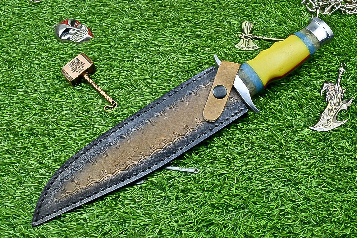 Heritage Forge 13 Inch Damascus Steel Bowie Knife with Resin Handle for Hunting and Camping