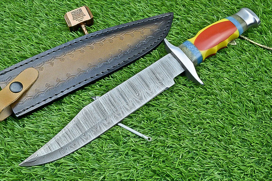 Heritage Forge 13 Inch Damascus Steel Bowie Knife with Resin Handle for Hunting and Camping