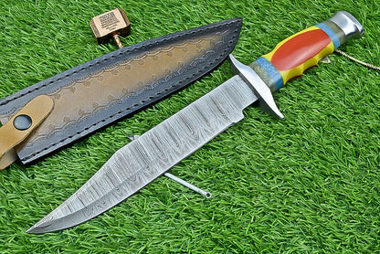 Heritage Forge 13 Inch Damascus Steel Bowie Knife with Resin Handle for Hunting and Camping