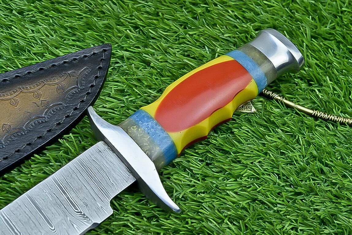 Heritage Forge 13 Inch Damascus Steel Bowie Knife with Resin Handle for Hunting and Camping