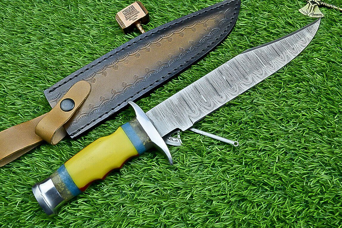 Heritage Forge 13 Inch Damascus Steel Bowie Knife with Resin Handle for Hunting and Camping