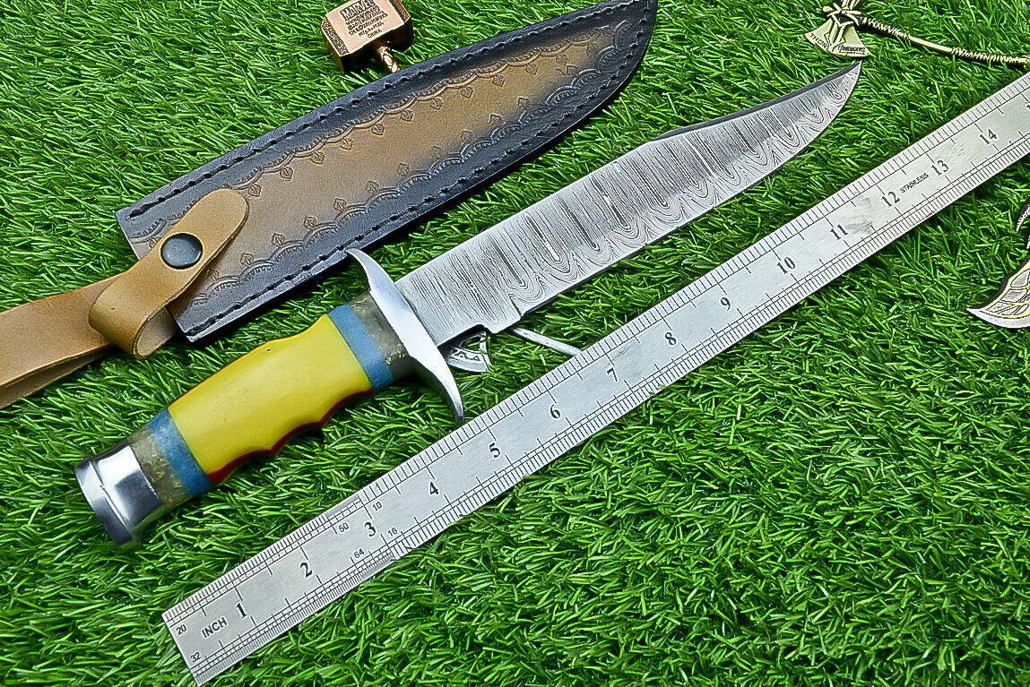 Heritage Forge 13 Inch Damascus Steel Bowie Knife with Resin Handle for Hunting and Camping