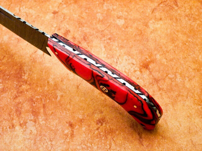 12" Custom Hand Forged Damascus Steel Chef Kitchen Knife with Resin Handle & File Work