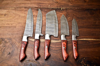 5-Piece Custom Handmade Hammered Damascus Steel Chef Knife Set with Forged Blades