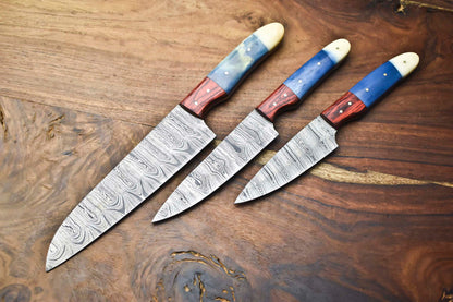 Custom Lot of 3 Handmade Hammered Damascus Steel Chef Knives