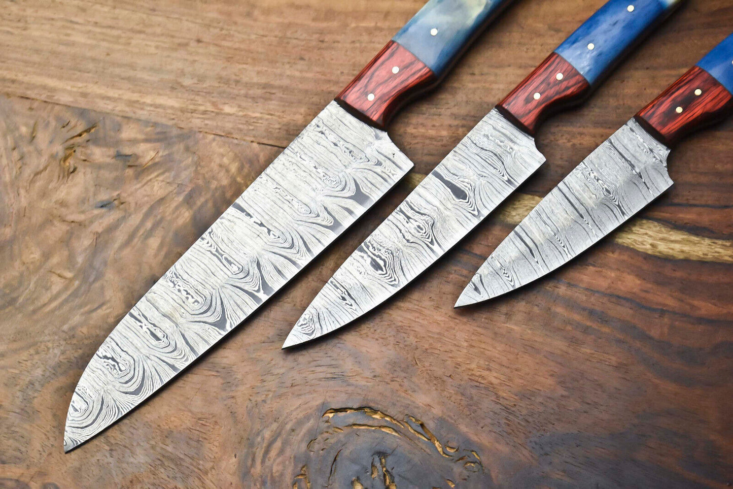 Custom Lot of 3 Handmade Hammered Damascus Steel Chef Knives