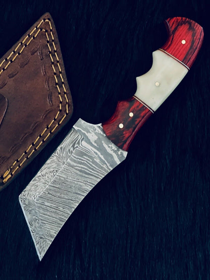 8.5" Twist Damascus Tanto Knife – Camel Bone & Wood Handle