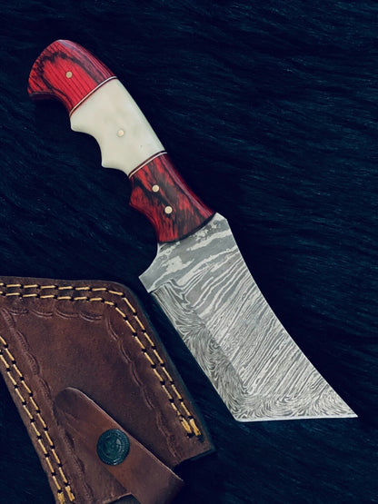8.5" Twist Damascus Tanto Knife – Camel Bone & Wood Handle
