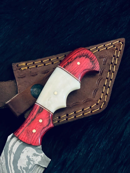 8.5" Twist Damascus Tanto Knife – Camel Bone & Wood Handle