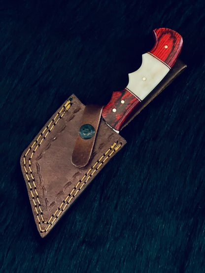 8.5" Twist Damascus Tanto Knife – Camel Bone & Wood Handle