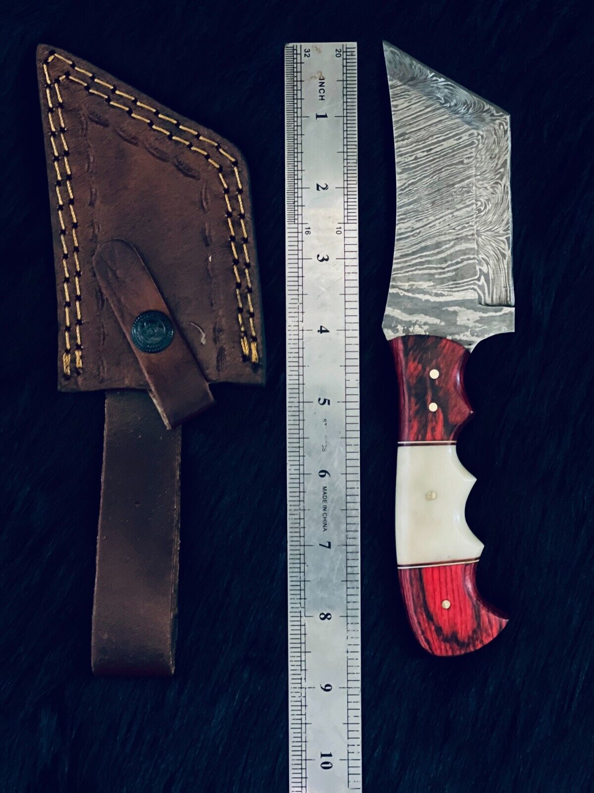 8.5" Twist Damascus Tanto Knife – Camel Bone & Wood Handle