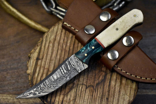 Custom Handmade Damascus Skinner Knife with Bone Handle and Micarta Bolster – Twist Pattern EDC