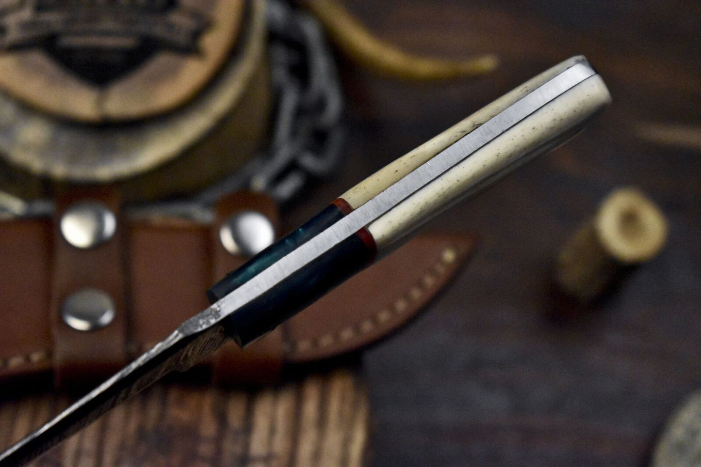 Custom Handmade Damascus Skinner Knife with Bone Handle and Micarta Bolster – Twist Pattern EDC