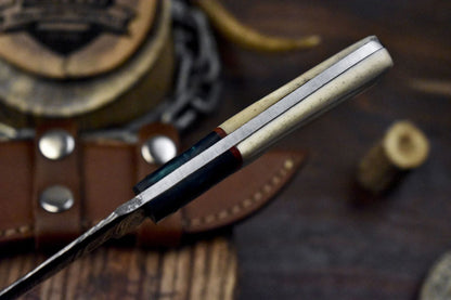 Custom Handmade Damascus Skinner Knife with Bone Handle and Micarta Bolster – Twist Pattern EDC
