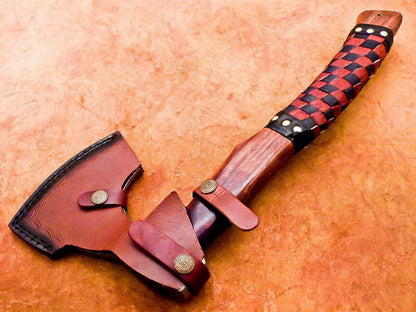 Hand Forged Carbon Steel Viking Bearded Camping Hatchet Tomahawk Axe with Leather Wrapped Wood Handle