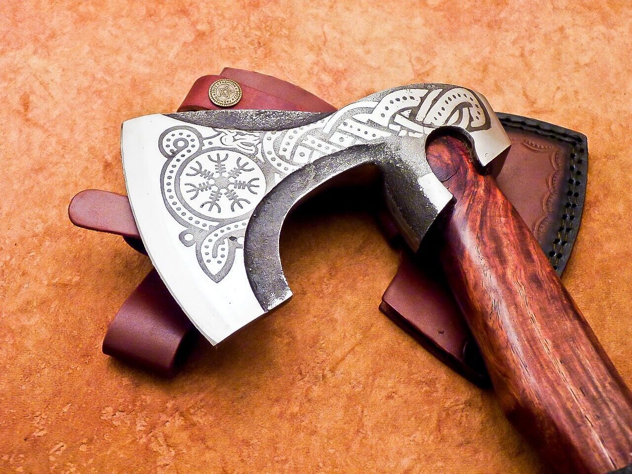 Hand Forged Carbon Steel Viking Bearded Camping Hatchet Tomahawk Axe with Leather Wrapped Wood Handle