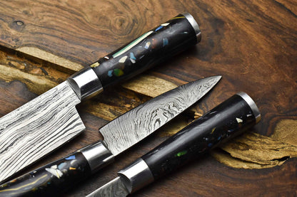 Lot of 3 Handmade Damascus Steel Blade Chef Knife Set – 100% Handmade